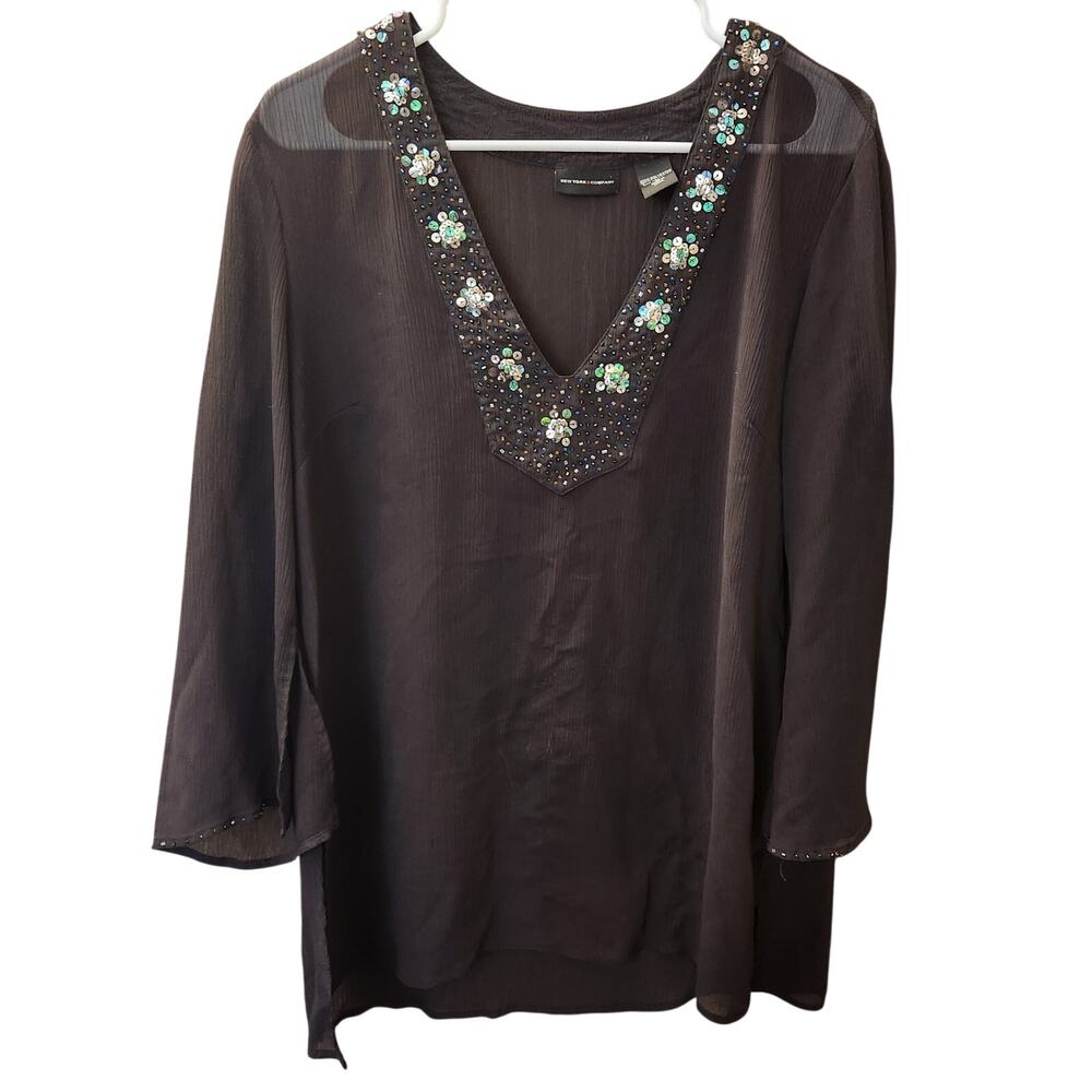 New York & Company Brown Sheer Beaded V-Neck Blouse Top Size Large